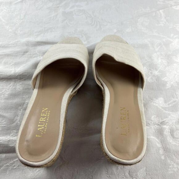 Lauren Ralph Lauren Womens Sandals Size 8.5 B Espadrilles Beige Fabric Wedge - Picture 4 of 9